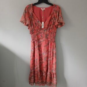 Max Studio Women's Size Medium Flutter Sleeve V-neck Floral Mid Dress NWT 128!!!